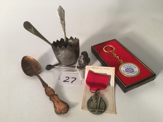 Souvenir Spoons, Toothpick Holder, & Medal As Shown