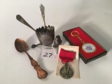 Souvenir Spoons, Toothpick Holder, & Medal As Shown