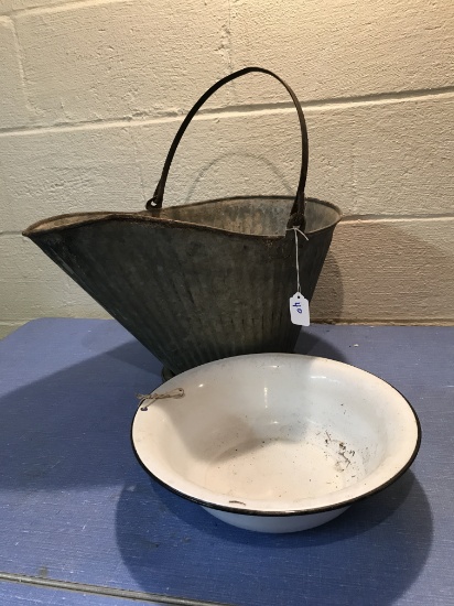 Vintage Coal Bucket and Porcelain Bowl