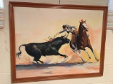 Framed Oil On Canvas Of Bull Fight Is 30