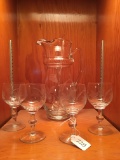 Vintage Etched Martini Pitcher W/5 Matching Glasses & Stirrer