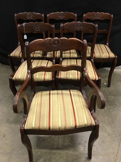 Set Of (6) Vintage Carved Back  Mahogany Stained Chairs W/Padded Seats