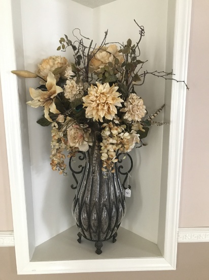 Decorative Metal and Clear Plastic Vase with Synthetic Floral Arrangement