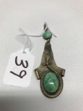 Vintage Hammered Brass Pendant W/Green Stones & Snake