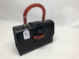 Unmarked Leather Purse W/Bakelite-Look Handles & Clasp