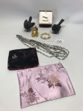 Misc. Lot: Resin Birds, (2) Silk Bags, Monet Pin, & More!