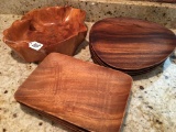 Woodenware: Carved Bowl W/Salad & Dinner Plates