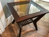Wood W/Glass Top Lamp Table *Table needs a little TLC-Frame Is Loose & Scratches*