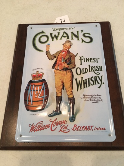 Cowans Old Irish Whiskey Convex & Embossed Tin Sign