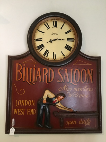 Billiard Saloon 3-D Wall Plaque W/Clock