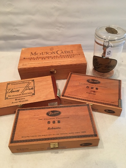 (4) Wooden  Cigar Boxes + Plastic Humidor