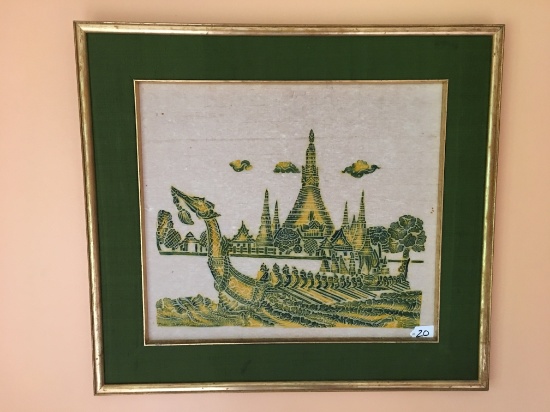 Thailand Woodblock Print On Rice Paper Of Sailing Ship-Matted & Framed