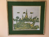 Thailand Woodblock Print On Rice Paper Of Sailing Ship-Matted & Framed