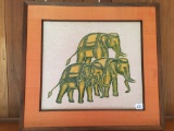 Thailand Woodblock Print On Rice Paper Of Elephants-Matted & Framed
