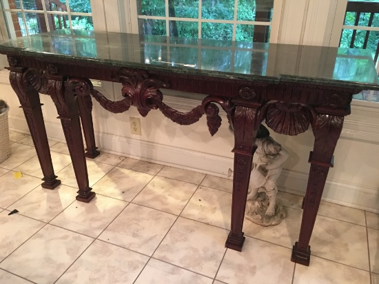 Contemporary Heavily Carved Sofa Table W/Marble Top