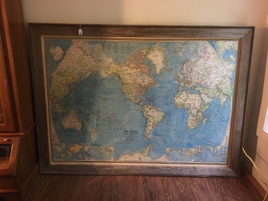 Pine-Framed Map Of The World Is 73" wide x 54" tall.