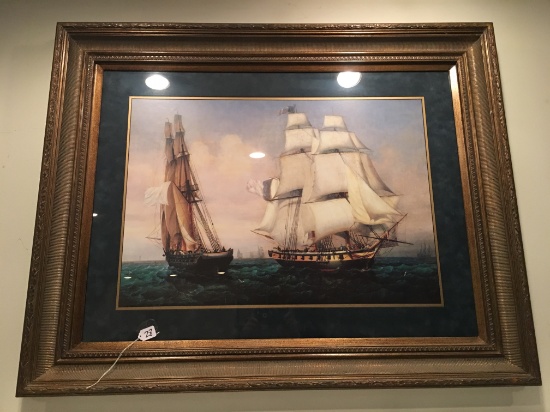 Impressive Framed & Matted Print Of Antique Sailing Ships