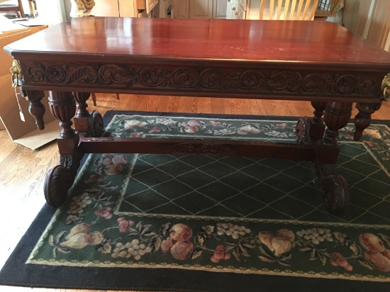 Heavily Carved Library Table W/Brass Lion Heads