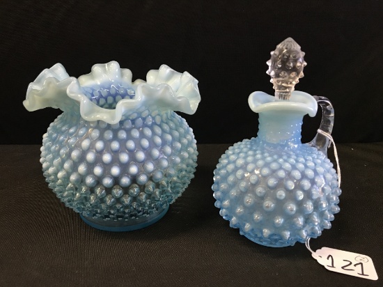 (2) Pcs. Blue Opalescent Hobnail: Bowl & Cruet