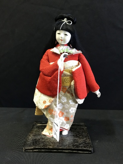 Vintage Bisque Oriental Doll On Wood Base