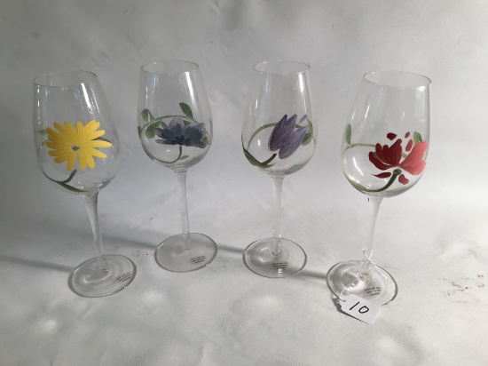 (4) Stemmed Wine Glasses W/Handpainted Flowers