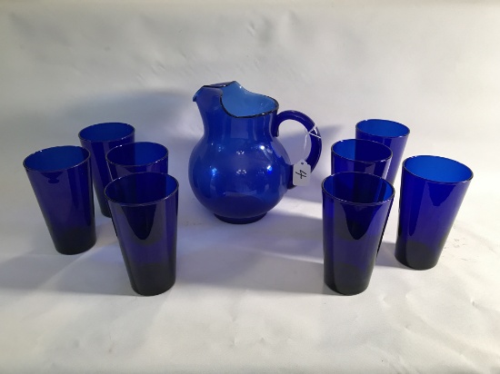 Vintage Cobalt Blue Pitcher W/(8) Water Glasses