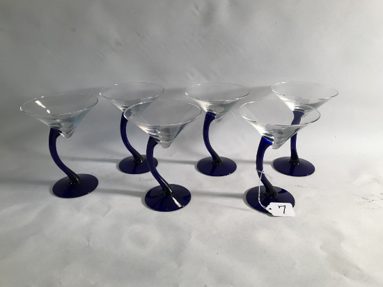(6) Cobalt Blue & Clear Martini Glasses