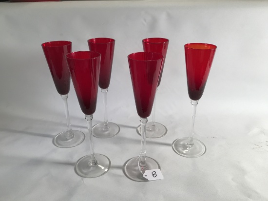 (6) Red & Clear Champagne Glasses