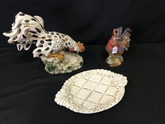 Ceramic Roosters: 9.5" & 14" tall + Oval Serving Tray