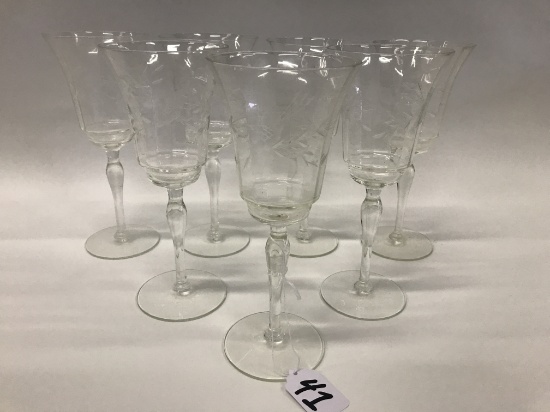 Vintage Set Of (7) Etched Wine Glasses
