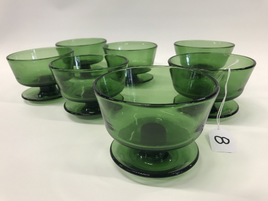 (7) Vintage Green Glass Stemmed Dessert Bowls