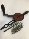 Antique Hand Drill with Bits, Missing Top Shoulder Rest