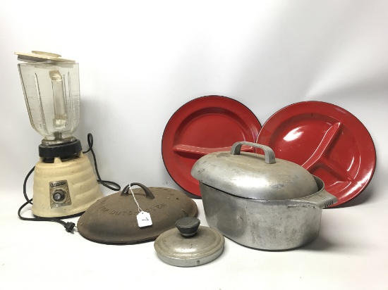 Osterizer Vintage Mixer, Griswold No 9 Lid, Two Metal Divided Plates and a Wagner Ware Magnalite Roa