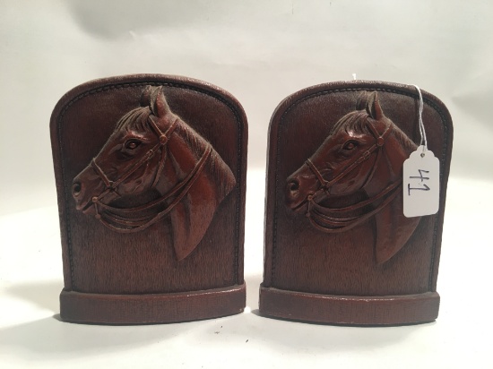 Vintage Syroco-Wood Bookends W/Embossed Horse Heads