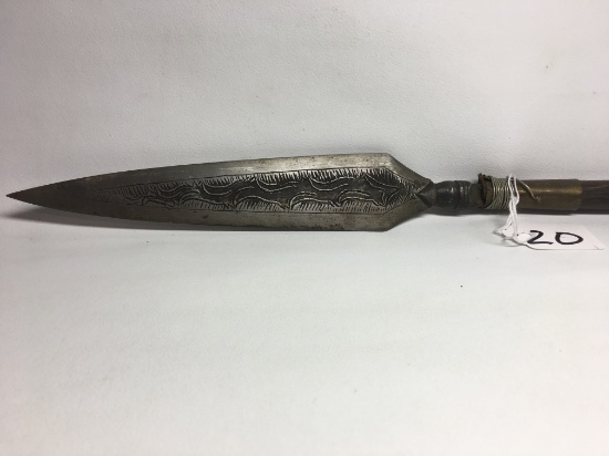 Vintage African Type Spear W/Engraved Metal Spear Point