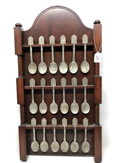 (18) Pewter Spoons In Hanging Rack Showing Different Professions