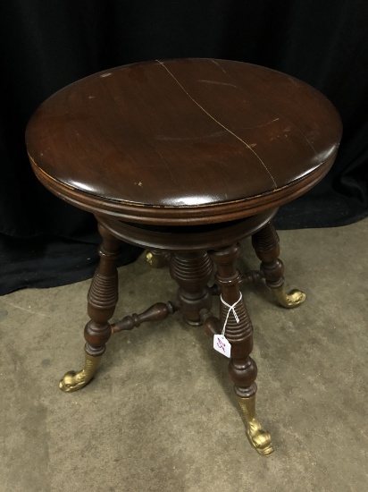 Antique Adjustable Piano Stool W/Dolphin Head Feet