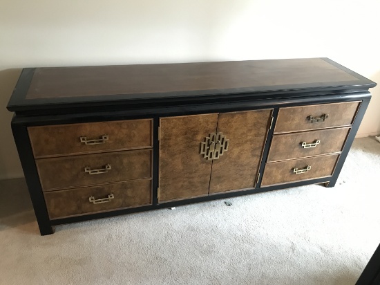 Century Burlwood & Black Lacquor Dresser W/Oriental Design & Brass Accents