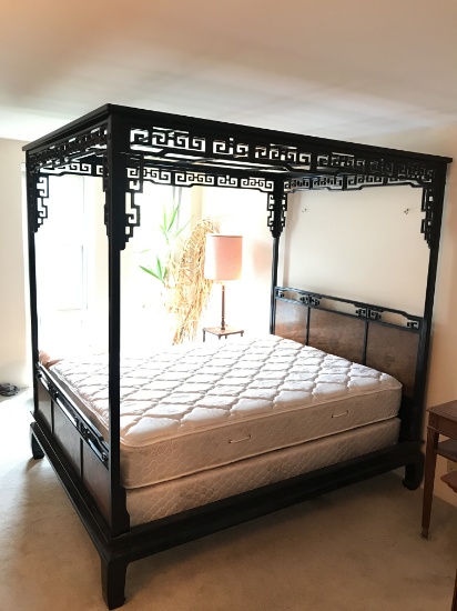 Century Burlwood & Black Lacquor Bed W/Canopy Top W/Oriental Design