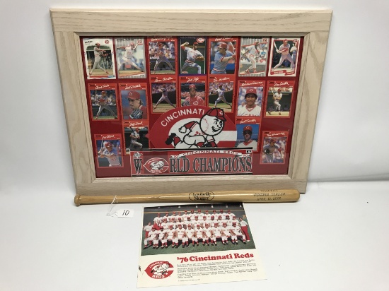 Reds 1976 Team Photo, 1990 Reds Champions Cards in Frame and a April 12, 2000 Nischwitz Bat