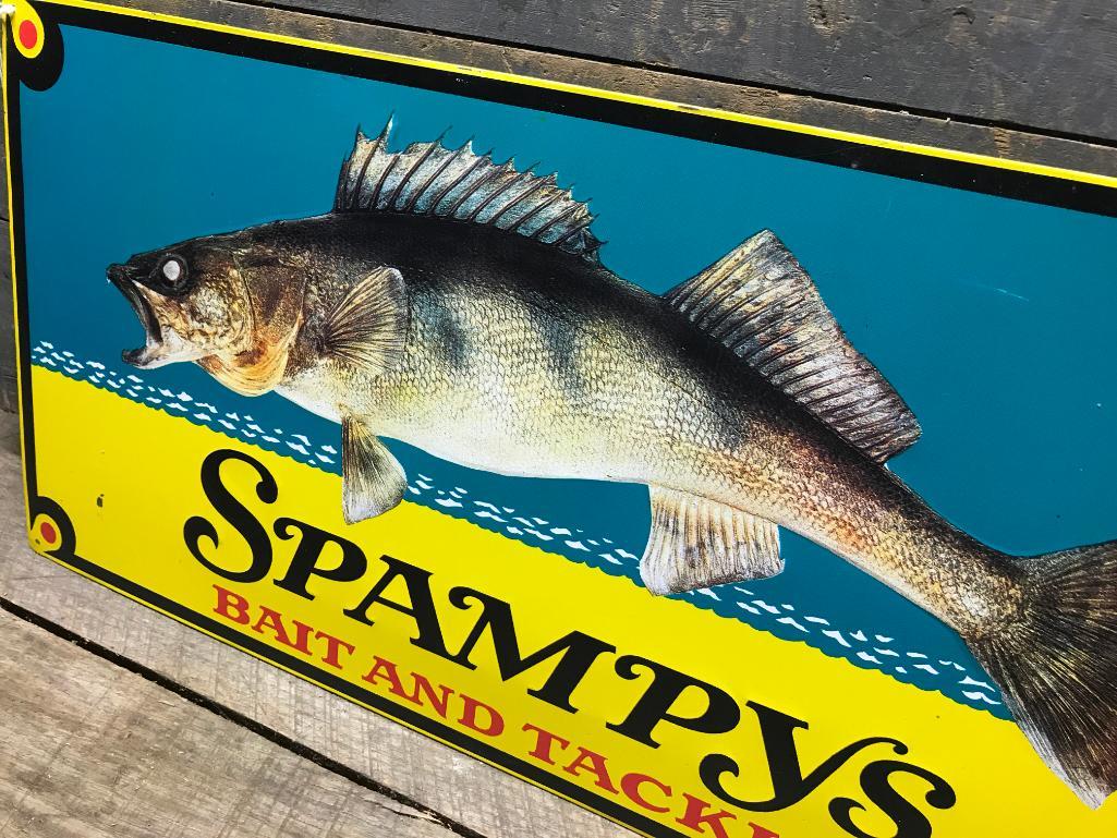 Embossed Metal Fishing Sign Spampy's Bait 