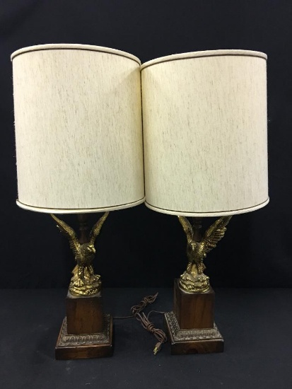 Pair Vintage Eagle Lamps On Wood Bases W/Shades