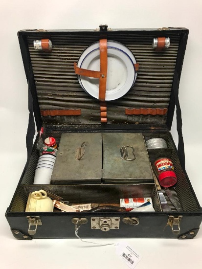 Vintage Picnic/Traveling Kit In Old Suitcase Type Holder