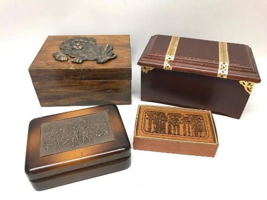 Nice Group Of Wooden Lidded Boxes & Paperweight