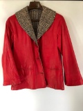 Ladies Red Leather and Houndstooth Jacket, No Size Marked, Probably Small or Medium