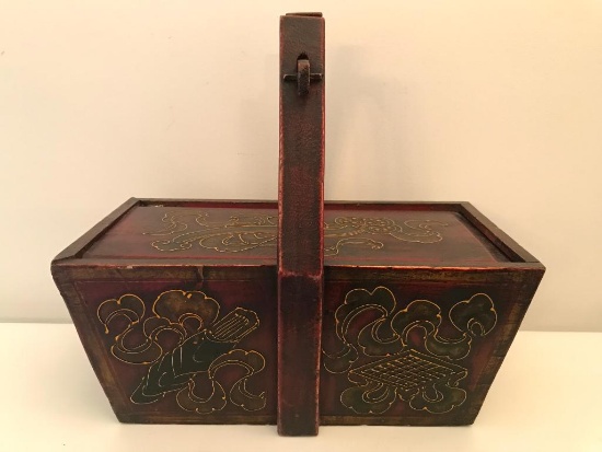 Primitive Look Oriental Handled Wooden Box W/Slide Lid