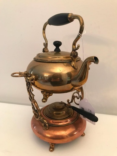 Vintage Brass Oriental Teapot On Brass Warming Stand-Nice!