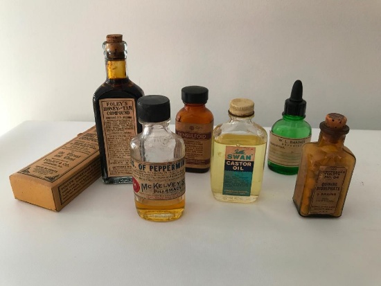 (6) Medicine Bottles W/Labels-Foley's Has The Box!