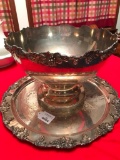 Massive Silverplate Punch Bowl & Under Tray W/Heavily Embossed Grapes