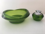 Vintage Smoking Set (Lighter & Ashtray) In Green Glass